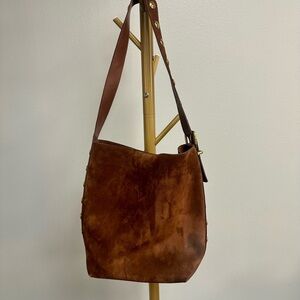 Madewell Brown Suede Gold Stud Shoulder Bag Essential Bucket Tote AS IS